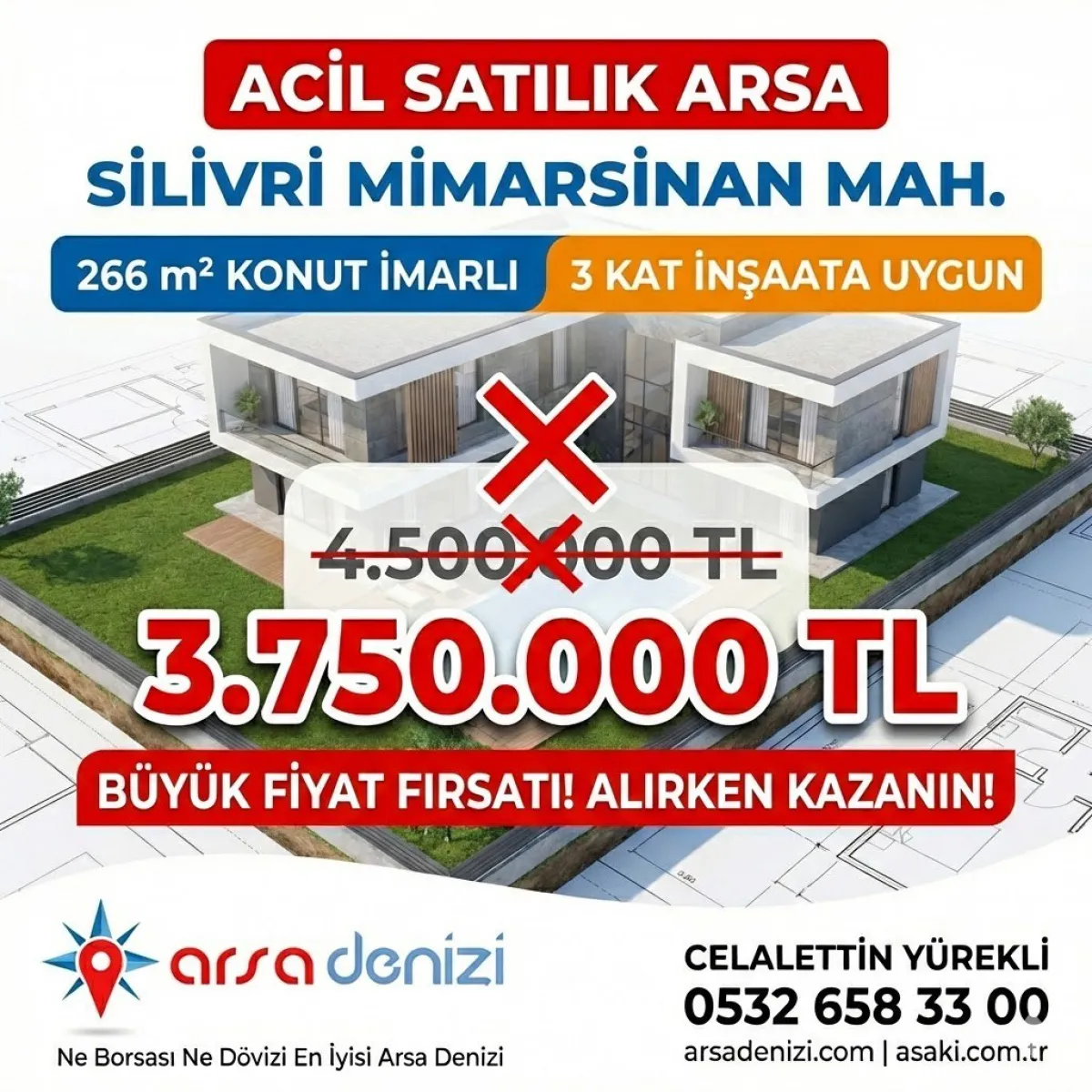 SİLİVRİ MİMARSİNAN'DA |266 m&sup2;| 3 KAT KONUT İMARLI | ACİL SATILIK