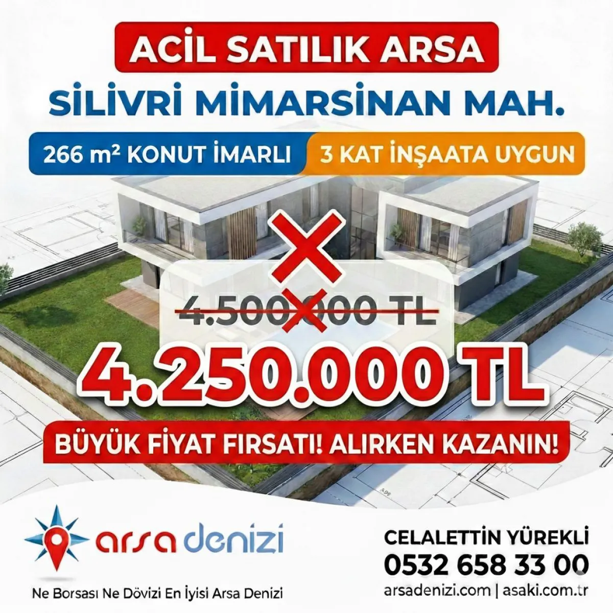 SİLİVRİ MİMARSİNAN'DA |266 m&sup2;| 3 KAT KONUT İMARLI | ACİL SATILIK