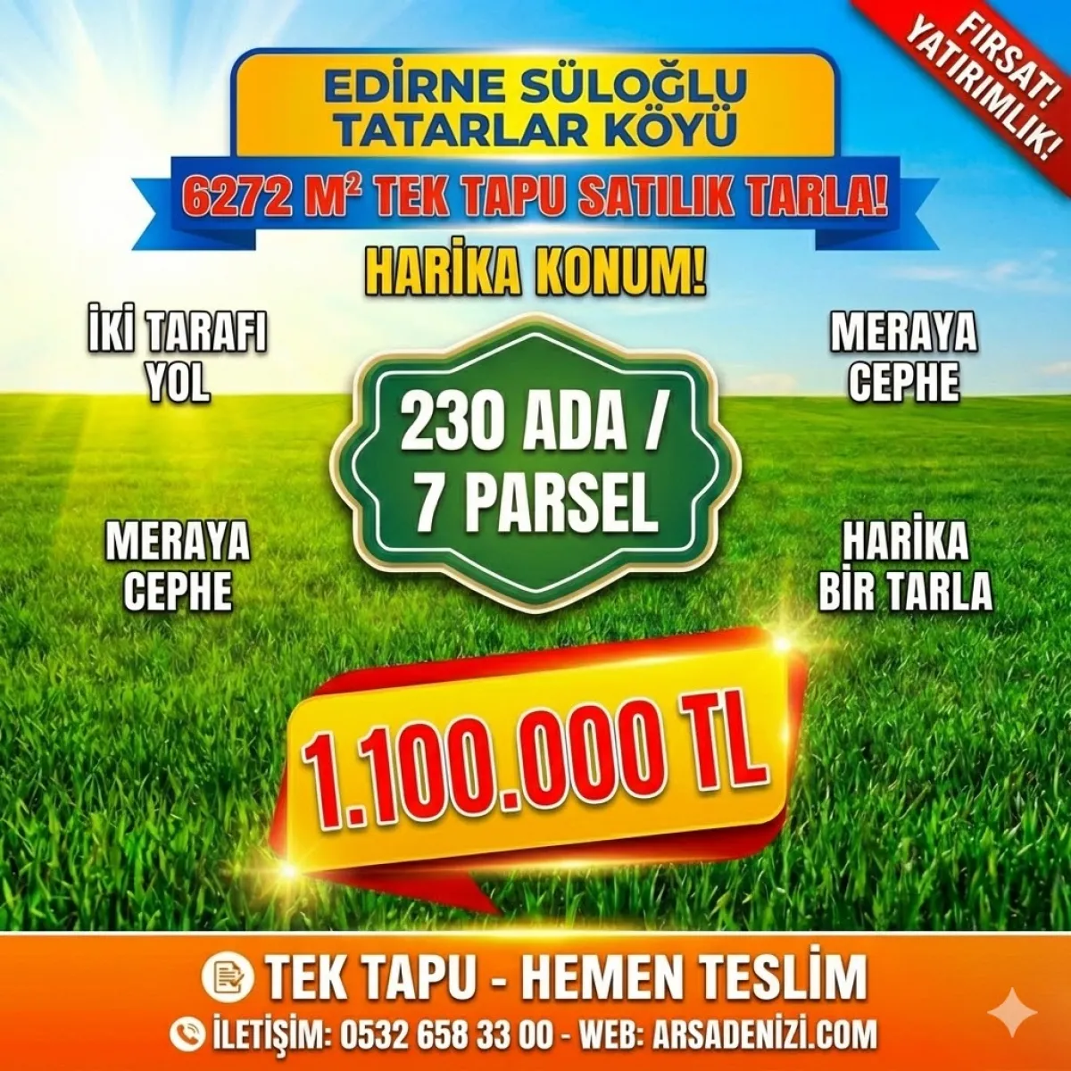 📢 EDİRNE S&Uuml;LOĞLU&rsquo;NDA 6.272 m&sup2; DEV ARAZİ! İKİ TARAFI YOL, MERAYA