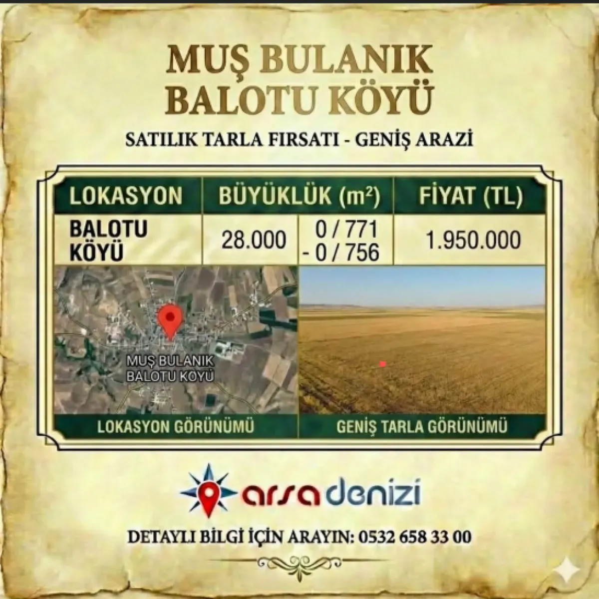 Muş Bulanık Balotu k&ouml;y&uuml;n'de 28 D&ouml;n&uuml;m Satılık Tarla 1.950.000 tl