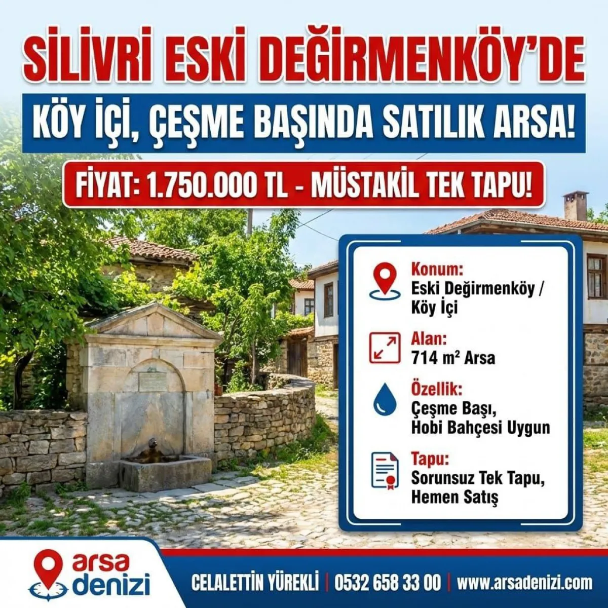 SİLİVRİ DEĞİRMENK&Ouml;Y'DE YOLU SUYU OLAN 714 m&sup2; TEK TAPU - EMSALSİZ