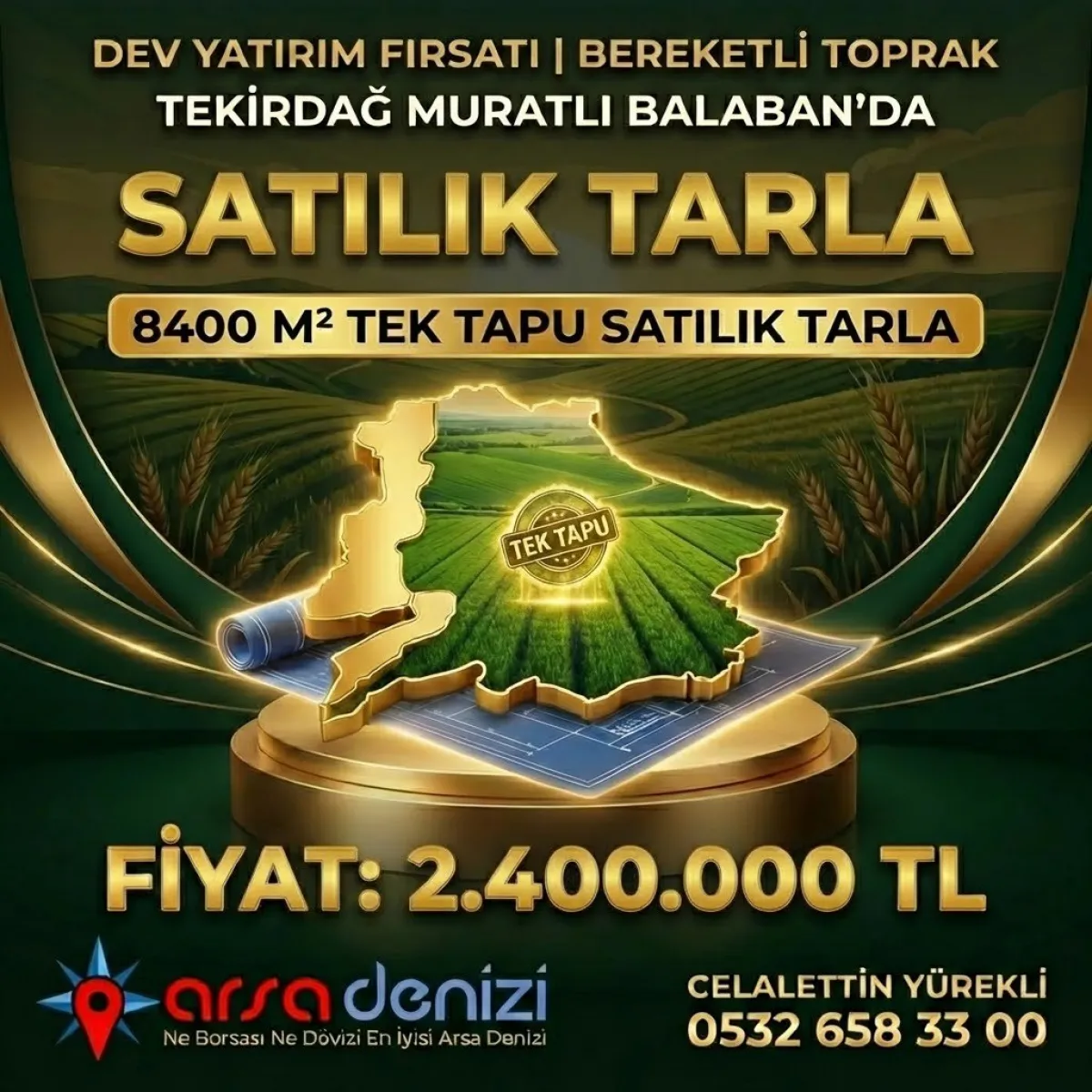 Muratlı Balabanlı'da 8.400 M&sup2; Satılık Tarla