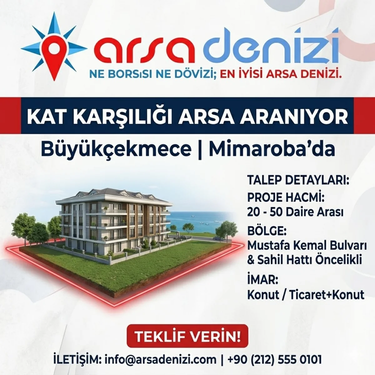 B&uuml;y&uuml;k&ccedil;ekmece Mimaroba&rsquo;da Kat Karşılığı Arsa Aranıyor (20-50 Daire