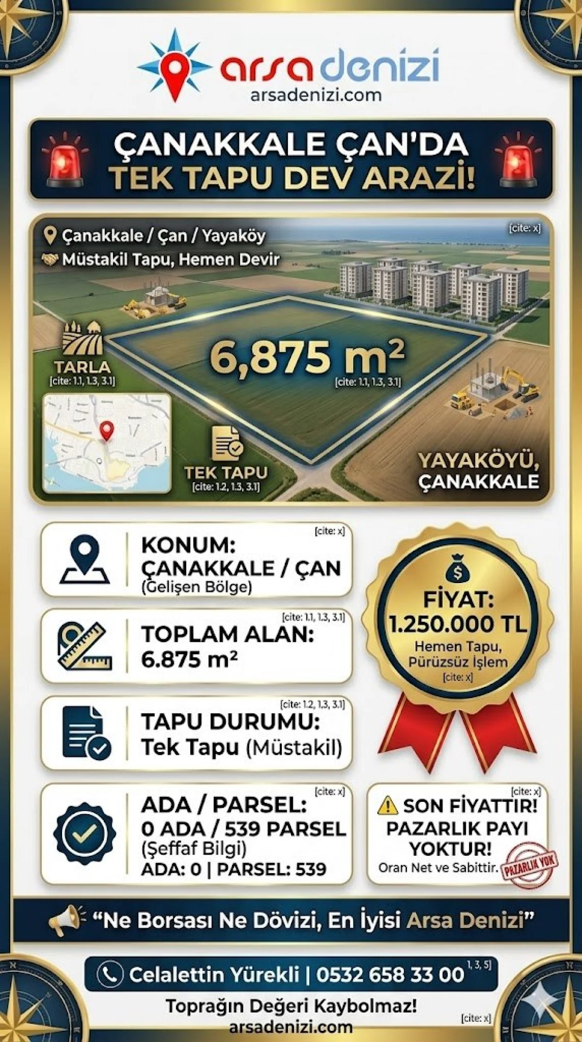 &Ccedil;ANAKKALE &Ccedil;AN'DA YATIRIM FIRSATI: 6.875 m&sup2; TEK TAPU TARLA!