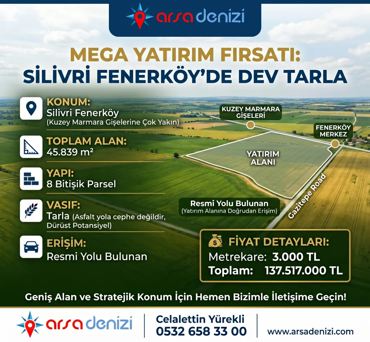 Silivri Fenerk&ouml;y'de Kuzey Marmara Otoyoluna Komşu 45.839 m&sup2;