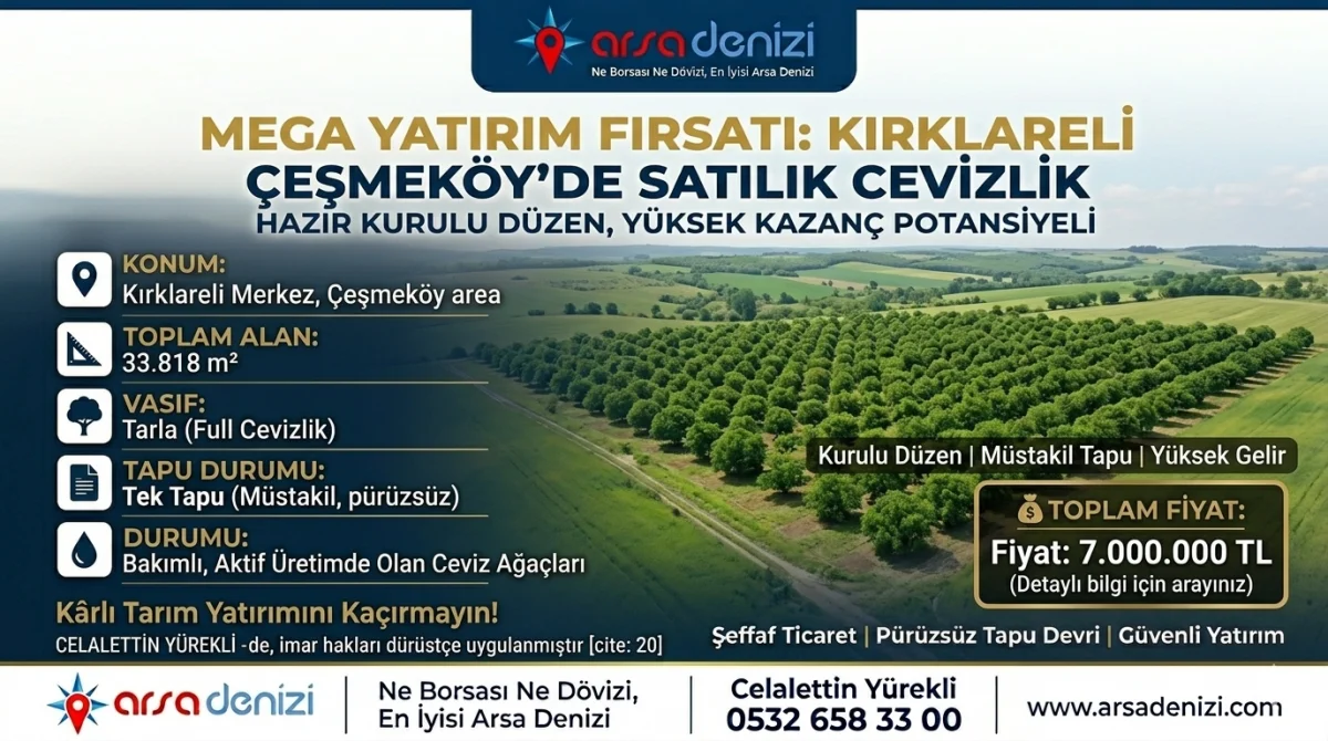 📢 KIRKLARELİ &Ccedil;EŞMEK&Ouml;Y'DE MEGA YATIRIM FIRSATI: SATILIK CEVİZLİK!
