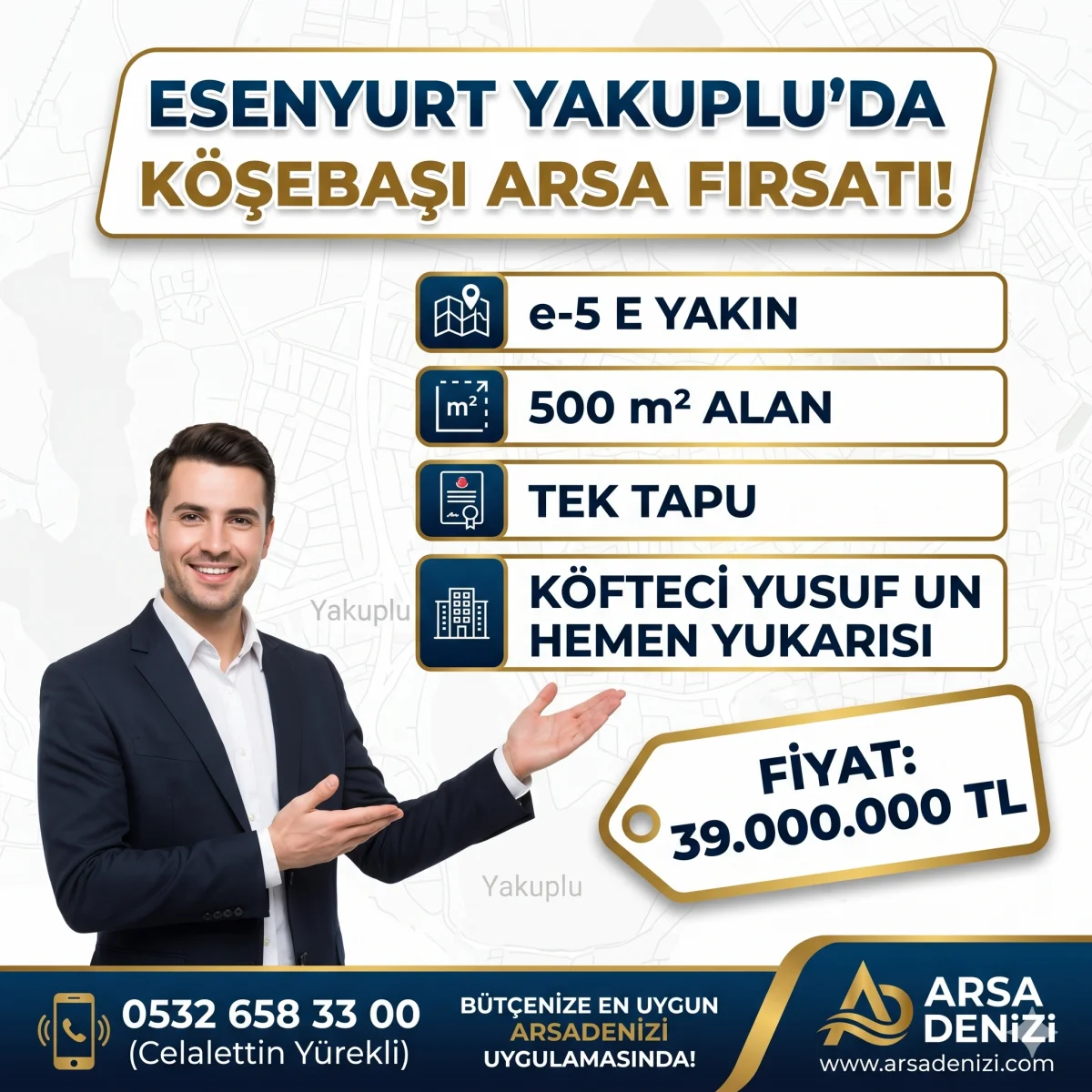 📢 ESENYURT YAKUPLU'DA E-5'E YAKIN, K&Ouml;ŞEBAŞI 500 m&sup2; TEK TAPU ARSA