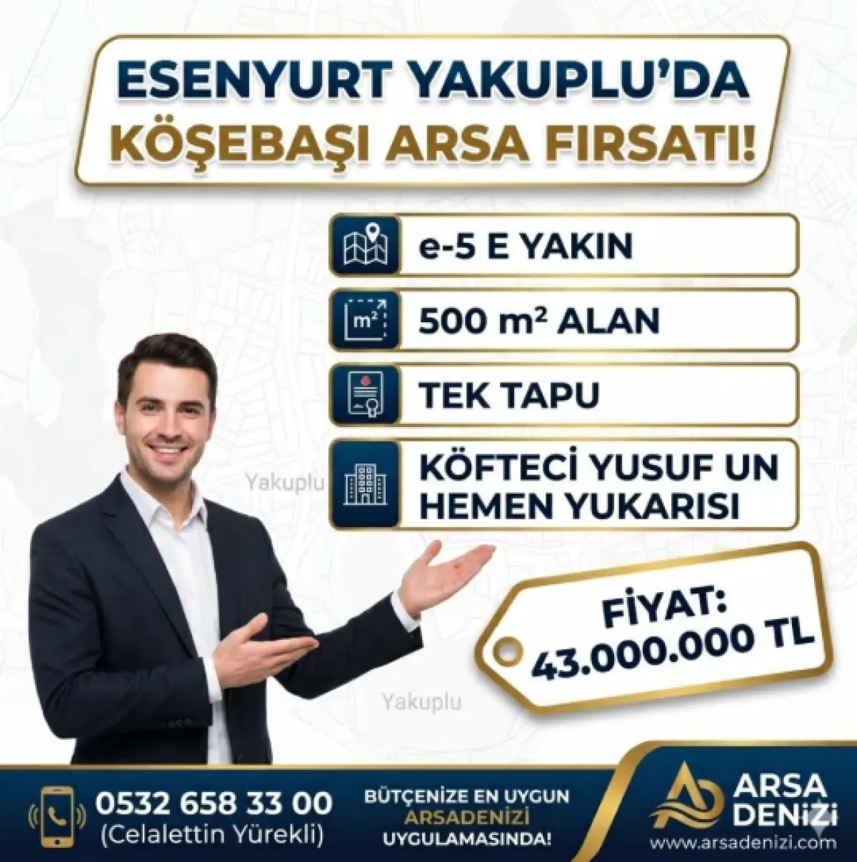 📢 ESENYURT YAKUPLU'DA E-5'E YAKIN, K&Ouml;ŞEBAŞI 500 m&sup2; TEK TAPU ARSA