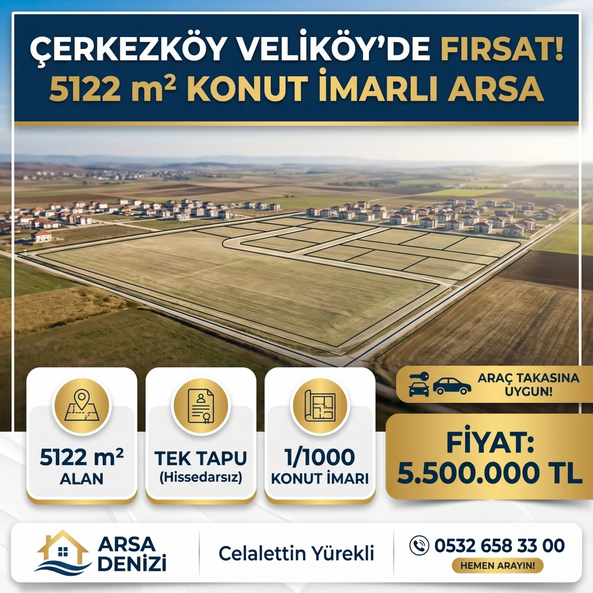 &Ccedil;ERKEZK&Ouml;Y VELİK&Ouml;Y'DE FIRSAT: 5122 m&sup2; TEK TAPU 1/1000 LİK PLANDA