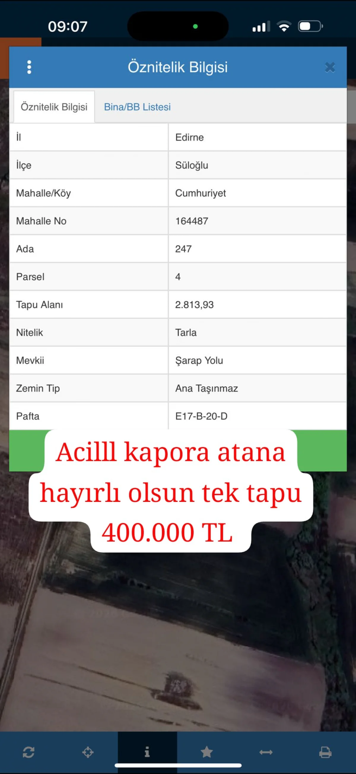 Tek Tapu 2.813 M&sup2; 400.000 TL Acil