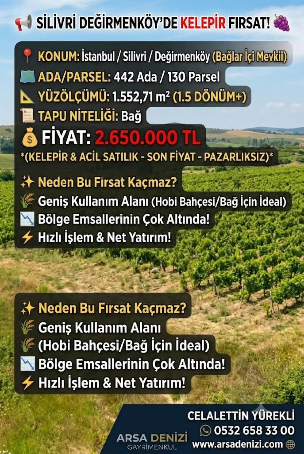 SİLİVRİ DEĞİRMENK&Ouml;Y'DE KELEPİR FIRSAT: 1.5 D&Ouml;N&Uuml;M ACİL SATILIK BAĞ