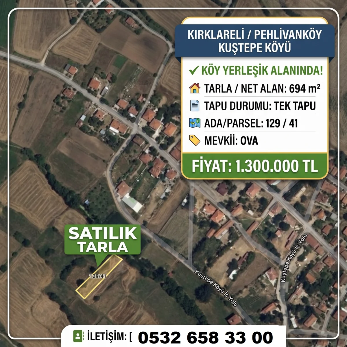 Kırklareli Pehlivank&ouml;y'de Yatırıma Uygun K&ouml;y İ&ccedil;i Satılık Tarla!