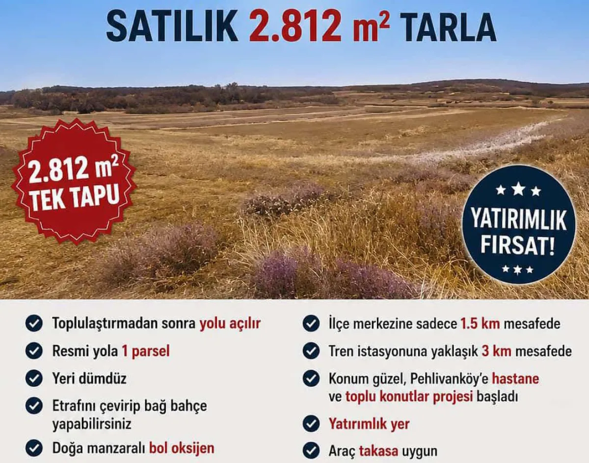 Pehlivank&ouml;y'de 2.812 M&sup2; Satılık Tarla
