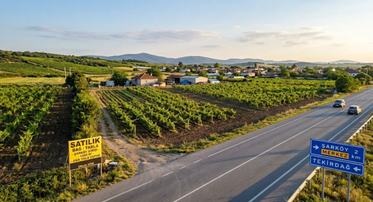 Şark&ouml;y Girişinde, Ana Yola Cepheli 1.450 m&sup2; Yatırımlık Bağ Tapulu