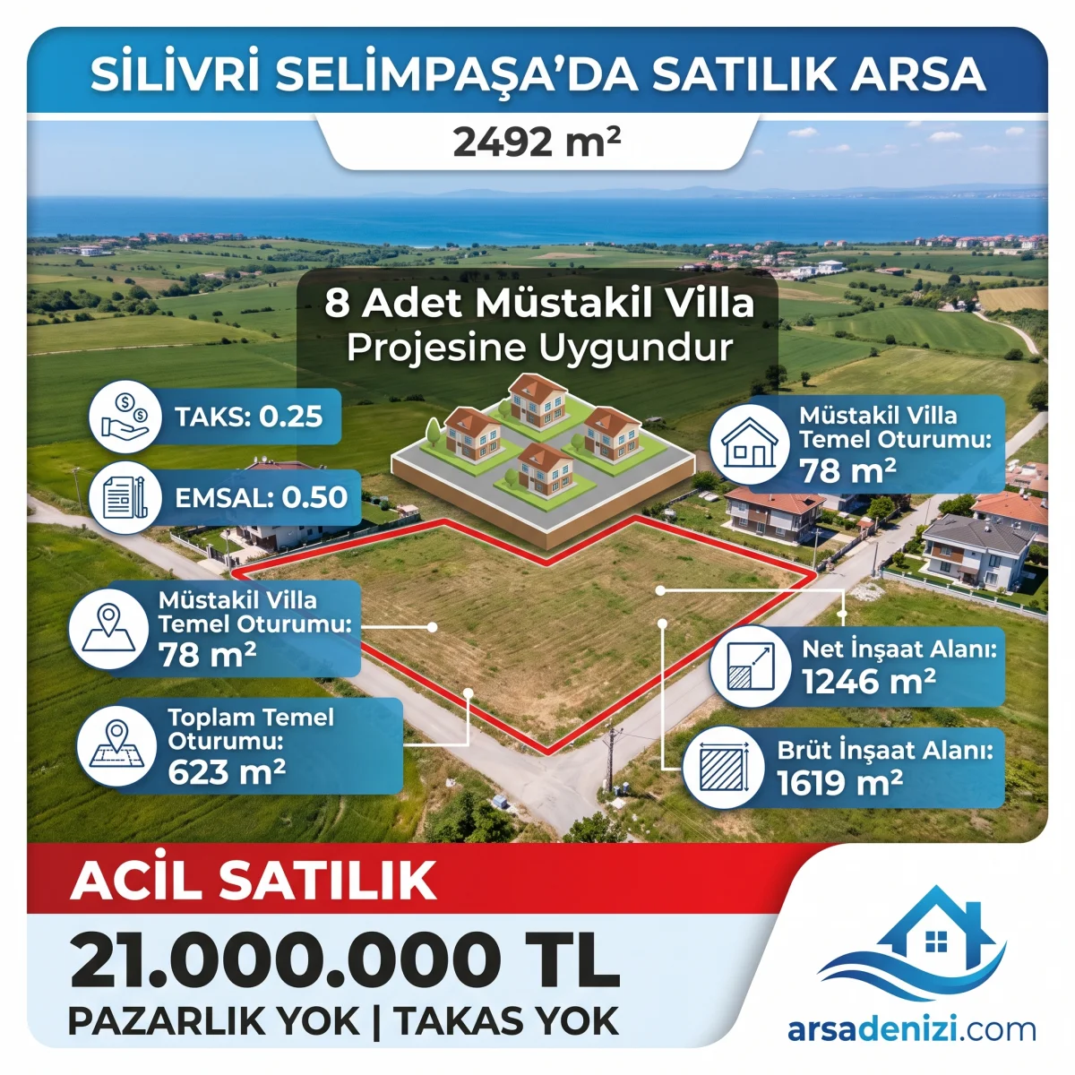 Silivri Selimpaşa'da 8 M&uuml;stakil Villa İmarlı, 2492 m&sup2; Acil Satılı
