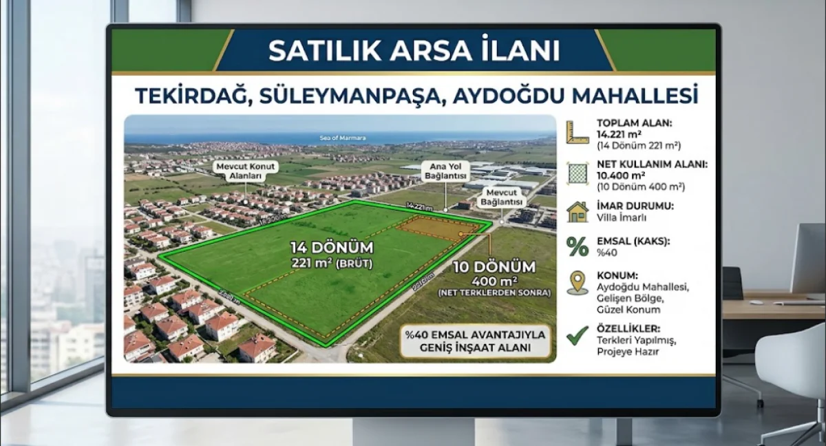 S&uuml;leymanpaşa'da L&uuml;ks Villa Projesine Uygun 14.221 m&sup2; Arsa
