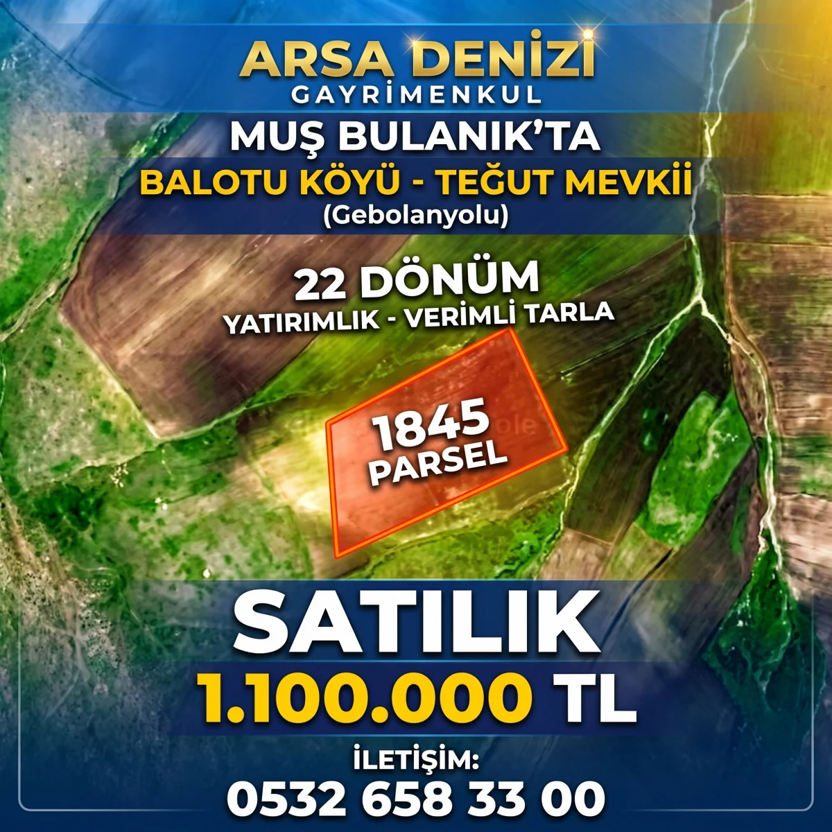 Bulanık Balotu K&ouml;y&uuml;nde Satılık 22.000 m&sup2; Tarla (Teğut/Gebolanyolu