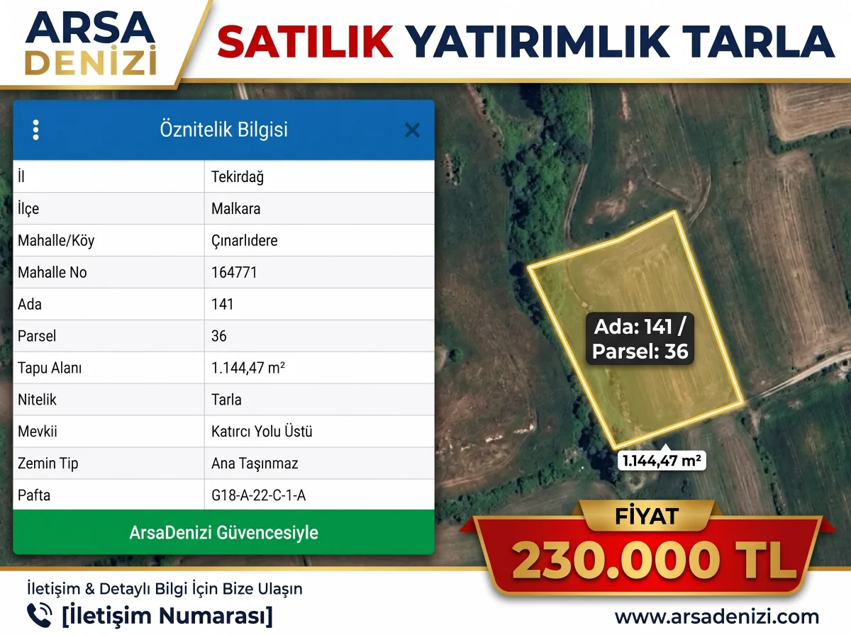 K&Uuml;&Ccedil;&Uuml;K B&Uuml;T&Ccedil;EYLE B&Uuml;Y&Uuml;K YATIRIM! MALKARA'DA 1.144 m&sup2; SATILIK TARLA
